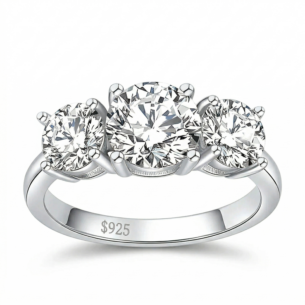 Anel 3 pedras em prata .925 e 4 CT moissanite