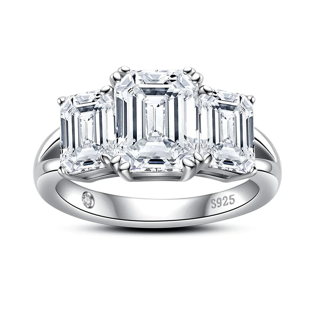 Anel 3 pedras em prata .925 e 5 ct esmeralda moissanite