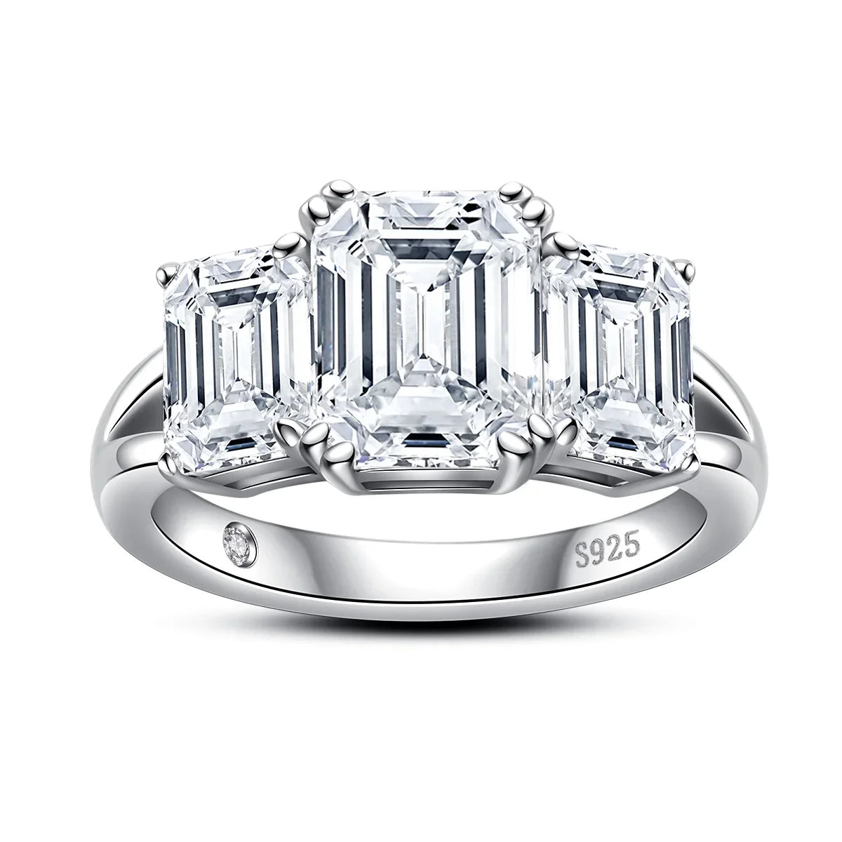Anel 3 pedras em prata .925 e 5 ct esmeralda moissanite