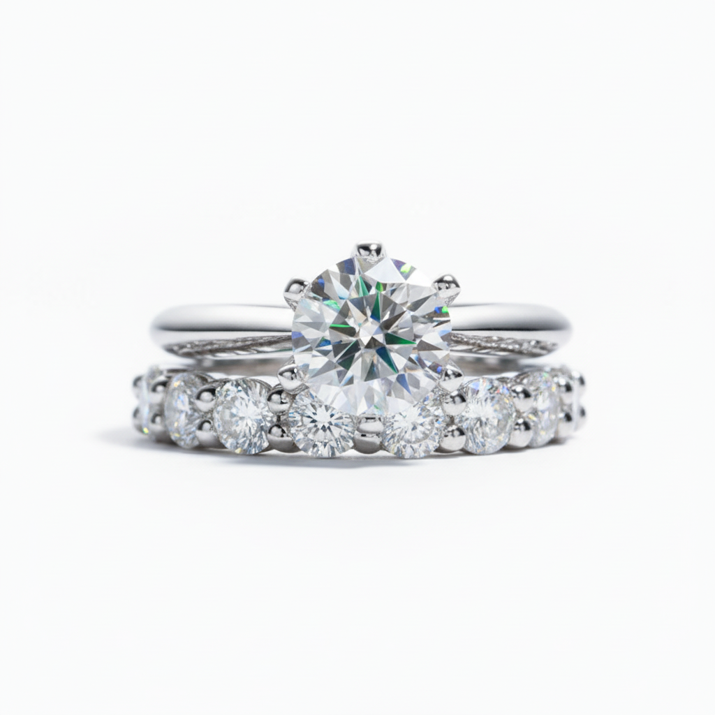 Conjunto de Anéis Feminino com Moissanite 2ct - Aliança de Noivado e Casamento em Prata 925 - Yuna Joias