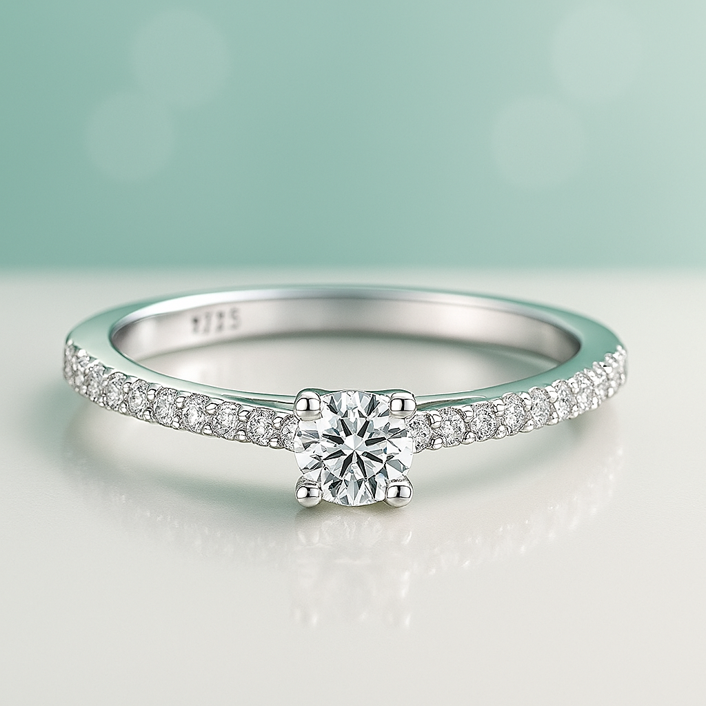 Anel de noivado em prata 925 com moissanite central de 0,3ct e brilho intenso