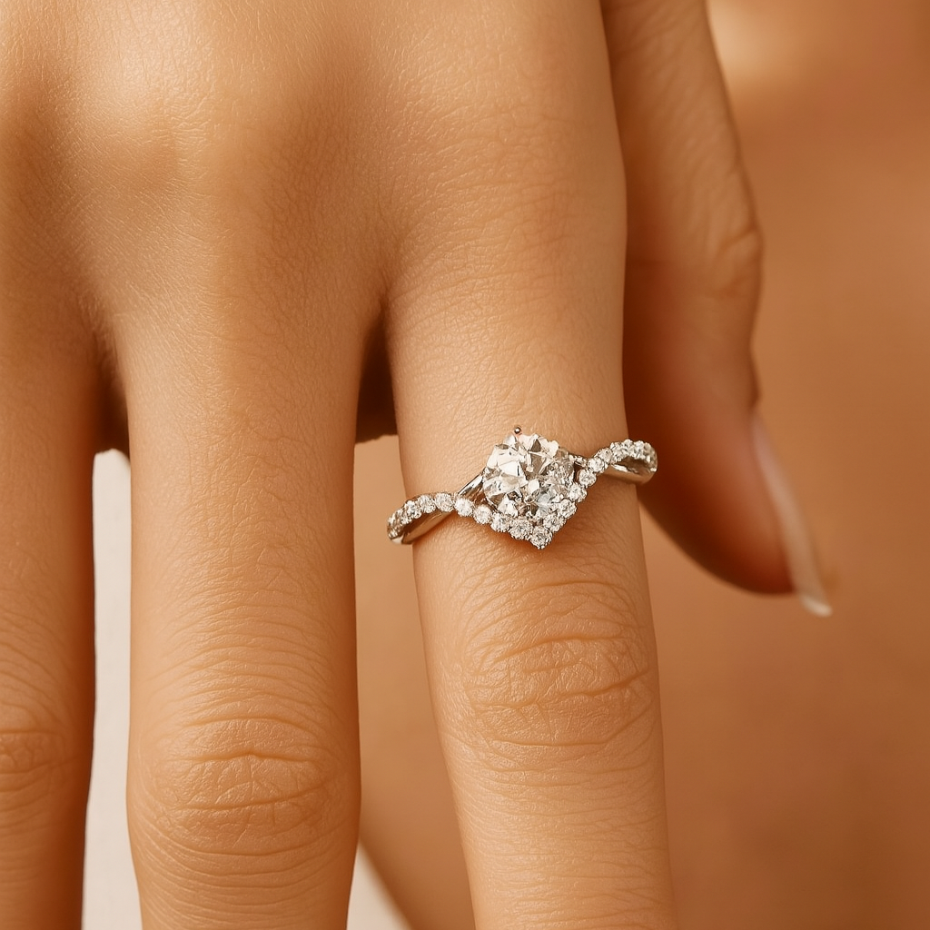 Anel de prata 925 com moissanite central e detalhes em pedras menores, visto em mão feminina