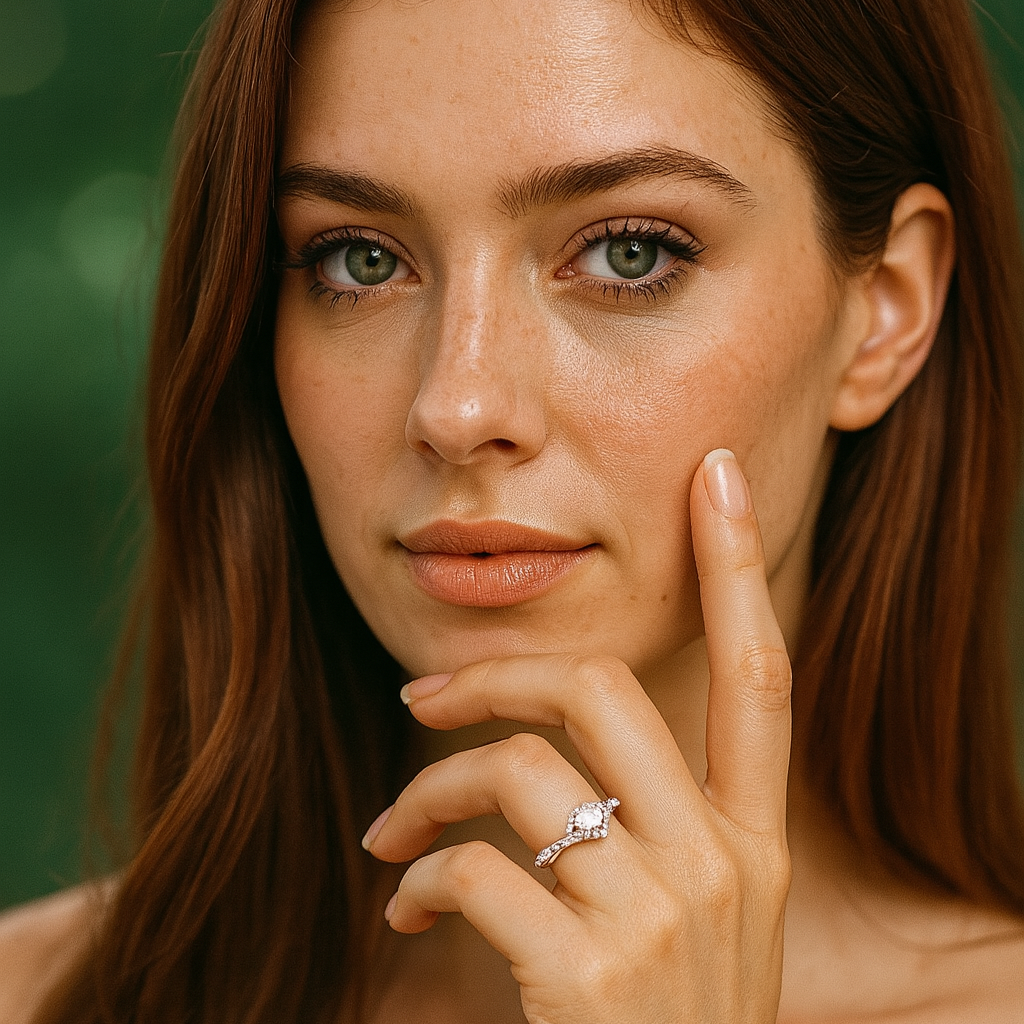 Mulher com anel de moissanite em prata 925 esterlina aponta para o rosto em fundo verde