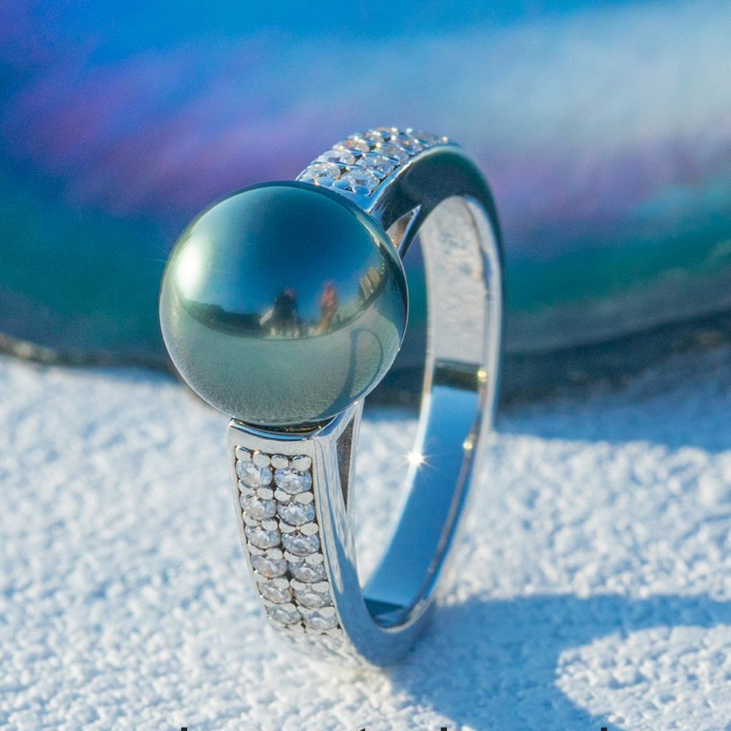 Anel de Pérola Natural do Tahiti e Moissanite Prata 925 com Ouro Branco 18k - Yuna Joias - Yuna Joias