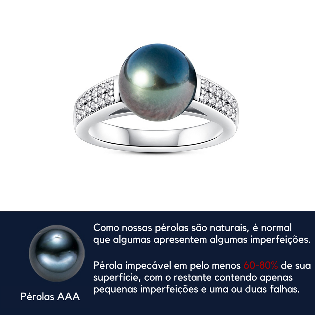 Anel de Pérola Natural do Tahiti e Moissanite Prata 925 com Ouro Branco 18k - Yuna Joias - Yuna Joias