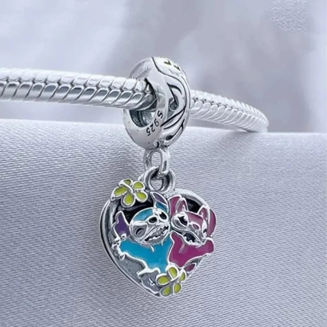 Berloque Stitch e Angel em Prata 925 - Charm Apaixonado Compatível com Pulseiras - Yuna Joias