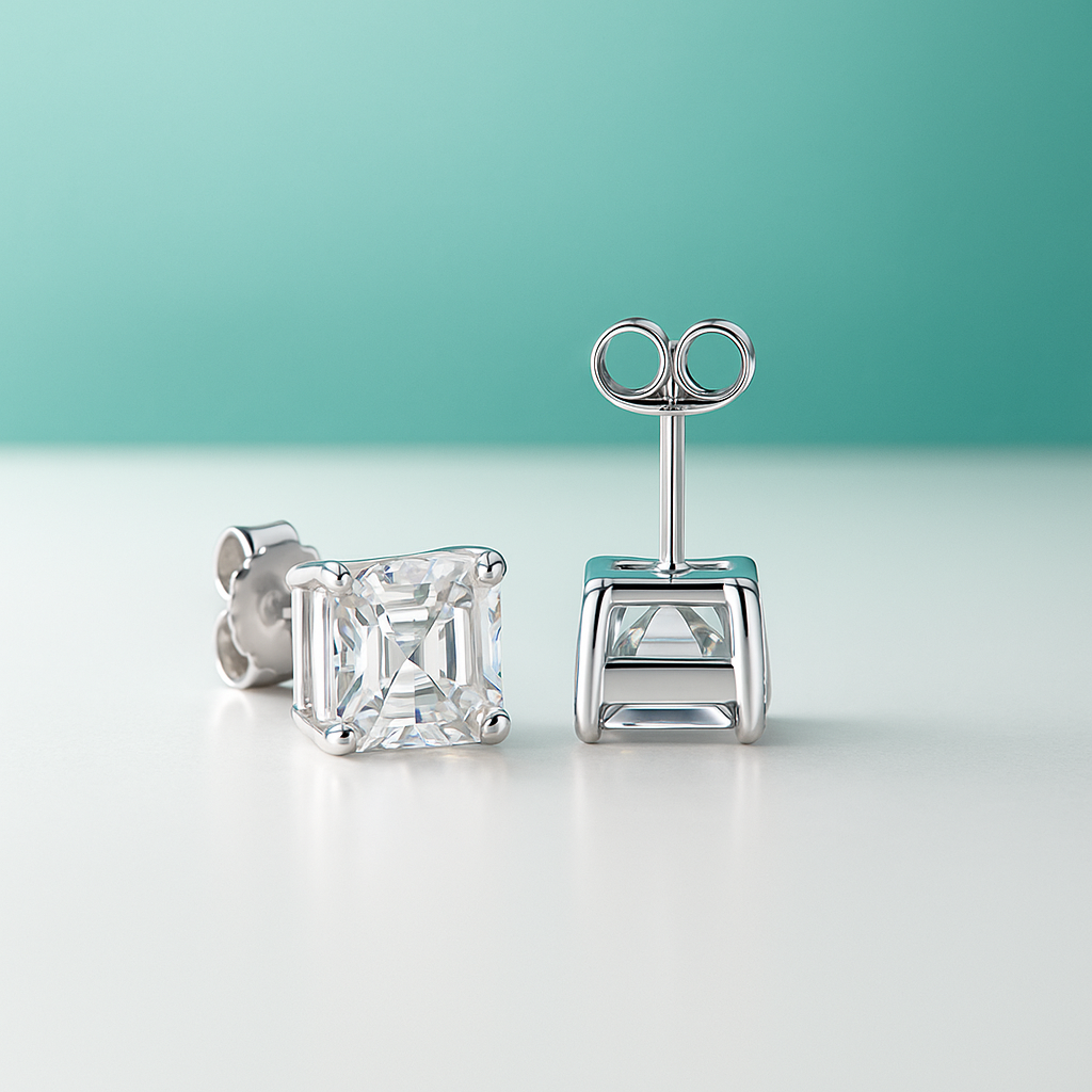 Brinco Moissanite Asscher em Prata 925 com Haste em Ouro 10k – Yuna Joias - Yuna Joias