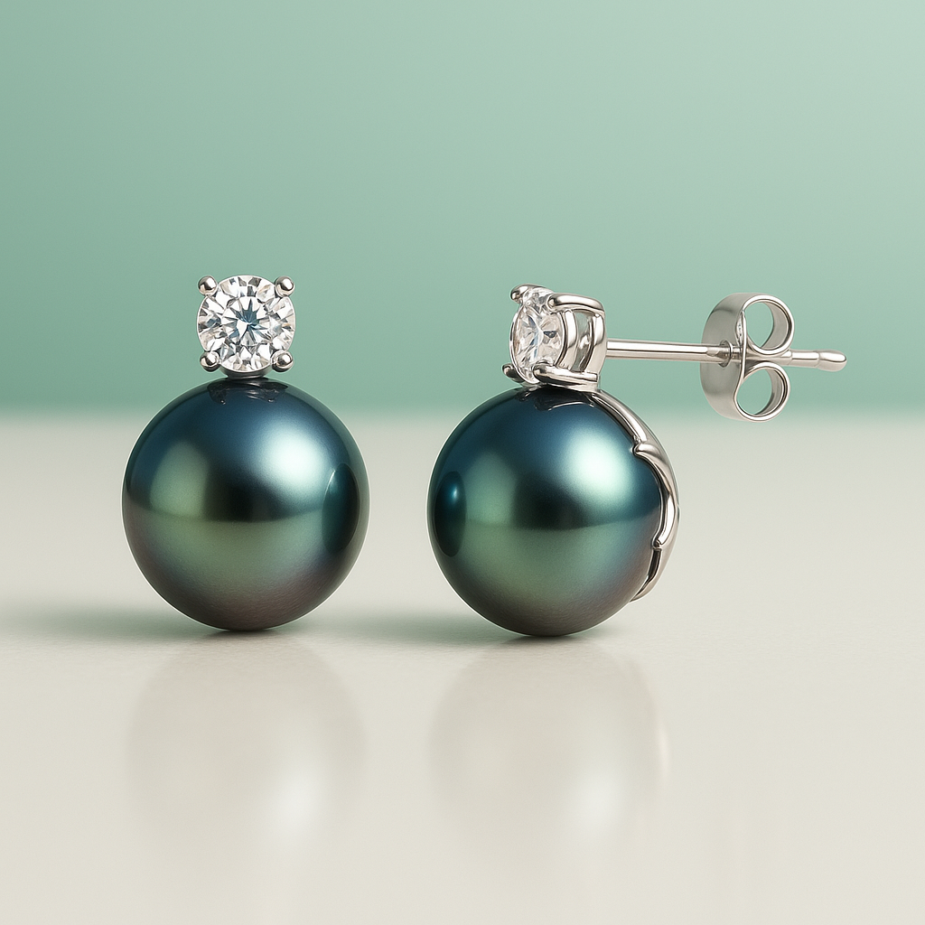 Brincos com Pérola Negra do Tahiti e Moissanite 0.3ct – Ouro 10k - Yuna Joias - Yuna Joias