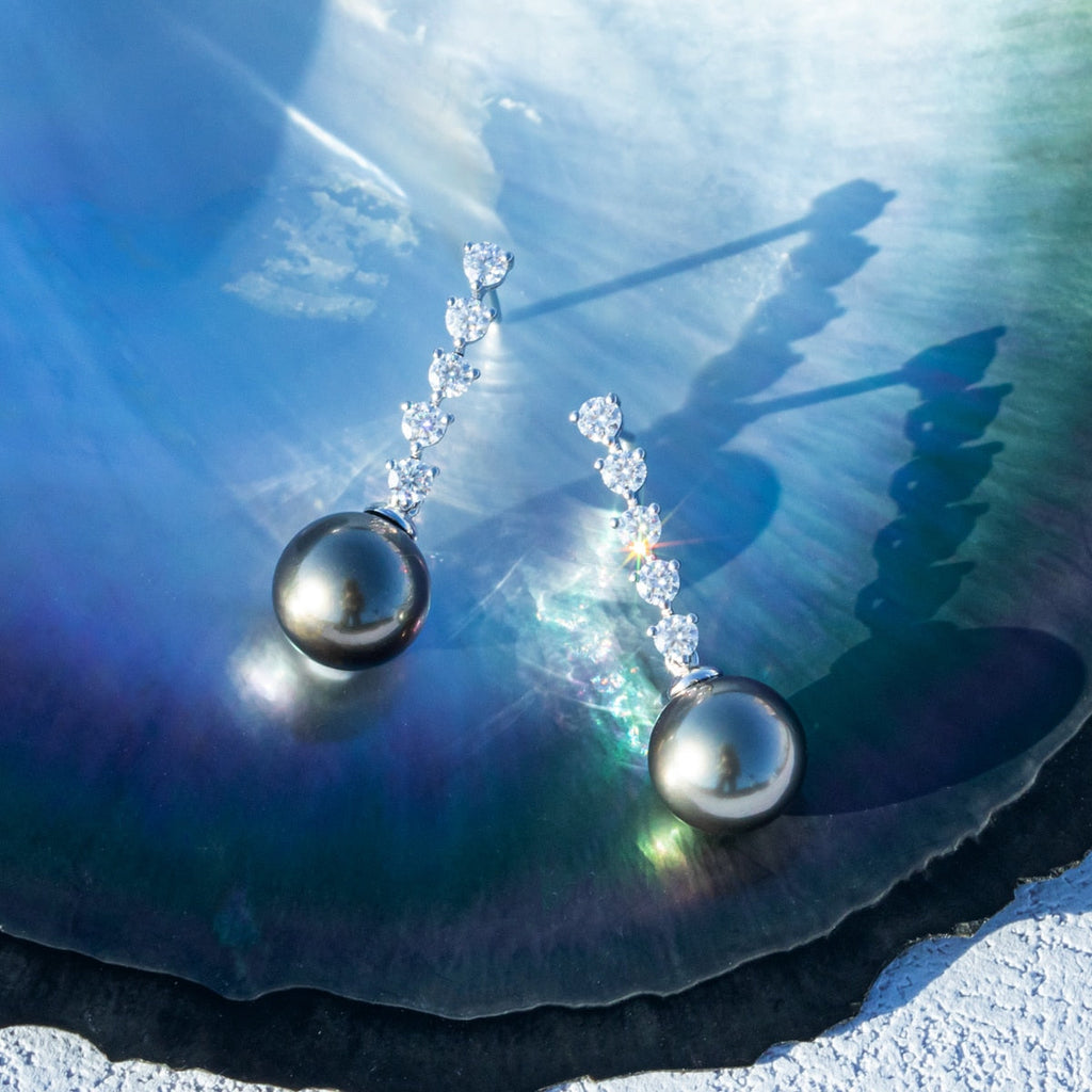 Brinco com Pérola Negra do Tahiti e Moissanites Ouro 10k - Yuna Joias - Yuna Joias