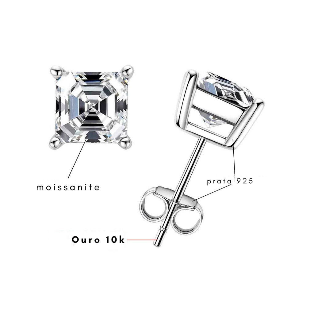 Brinco Moissanite Asscher em Prata 925 com Haste em Ouro 10k – Yuna Joias - Yuna Joias