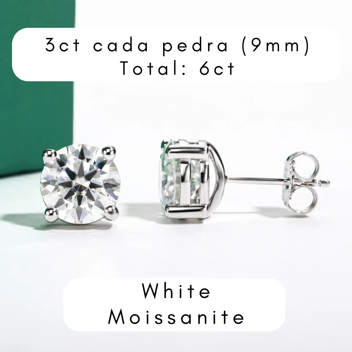 Brincos de Moissanite em Prata S925 com Haste em Ouro 10K Certificação GRA - Yuna Joias - Yuna Joias