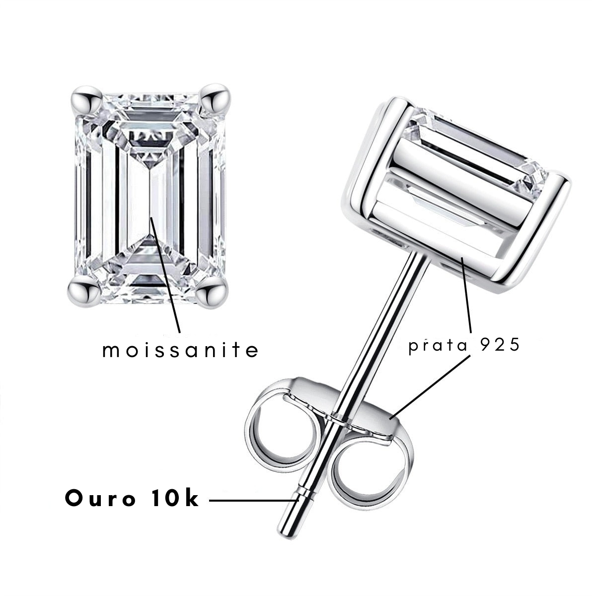 Brinco de Moissanite Lapidação Esmeralda em Prata S925 com Haste em Ouro 10k - Yuna Joias - Yuna Joias