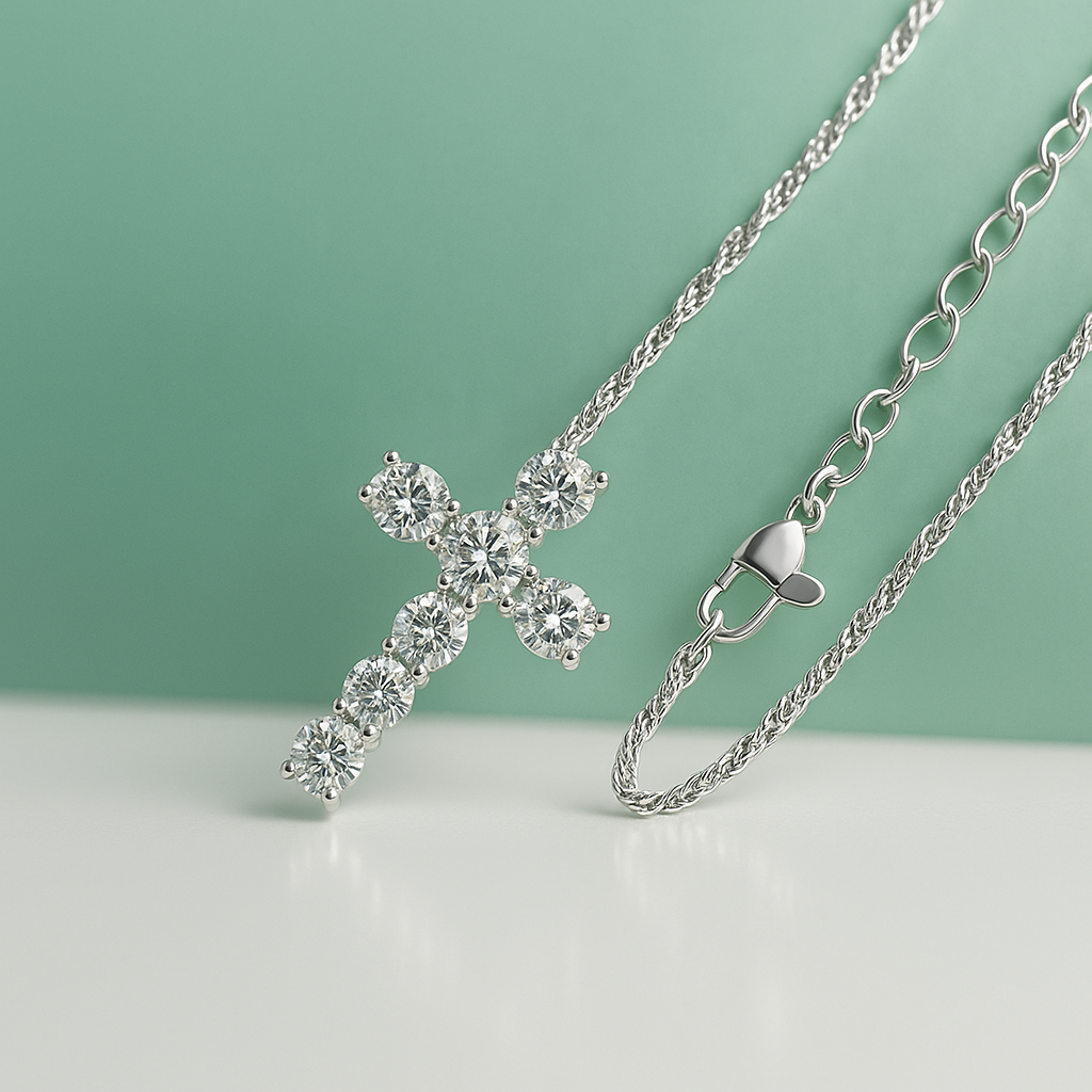 Colar Cruz com Moissanite 2.1ct – Prata 925, Ródio e Ouro 18k - Yuna Joias - Yuna Joias