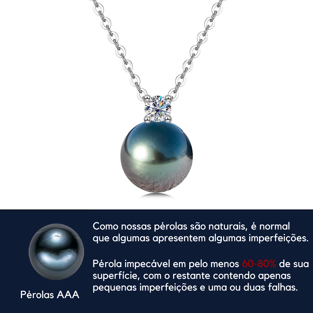 Colar com Pérola Negra do Tahiti e Moissanite em Prata 925 com Ouro Branco 18k – Yuna Joias - Yuna Joias