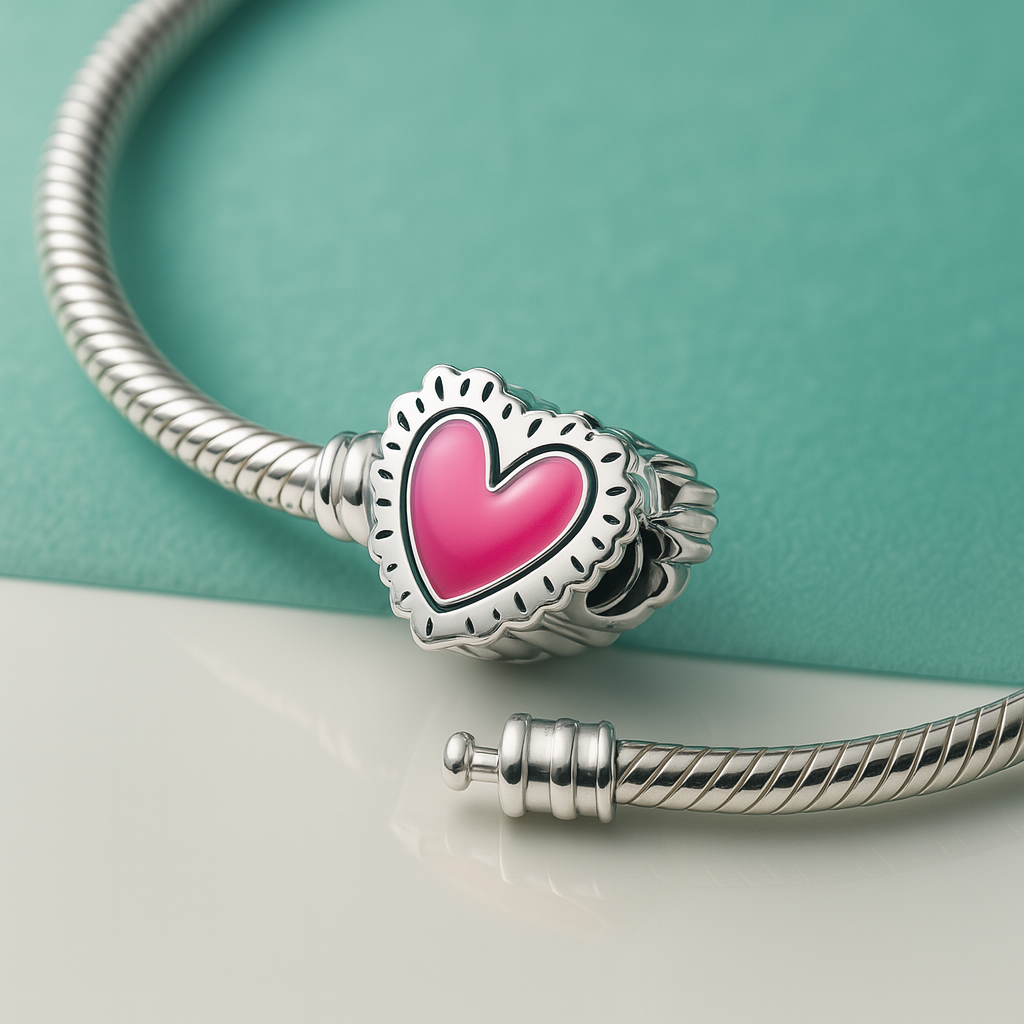 Pulseira de prata 925 com berloque em formato de coração rosa radiante com detalhes em relevo