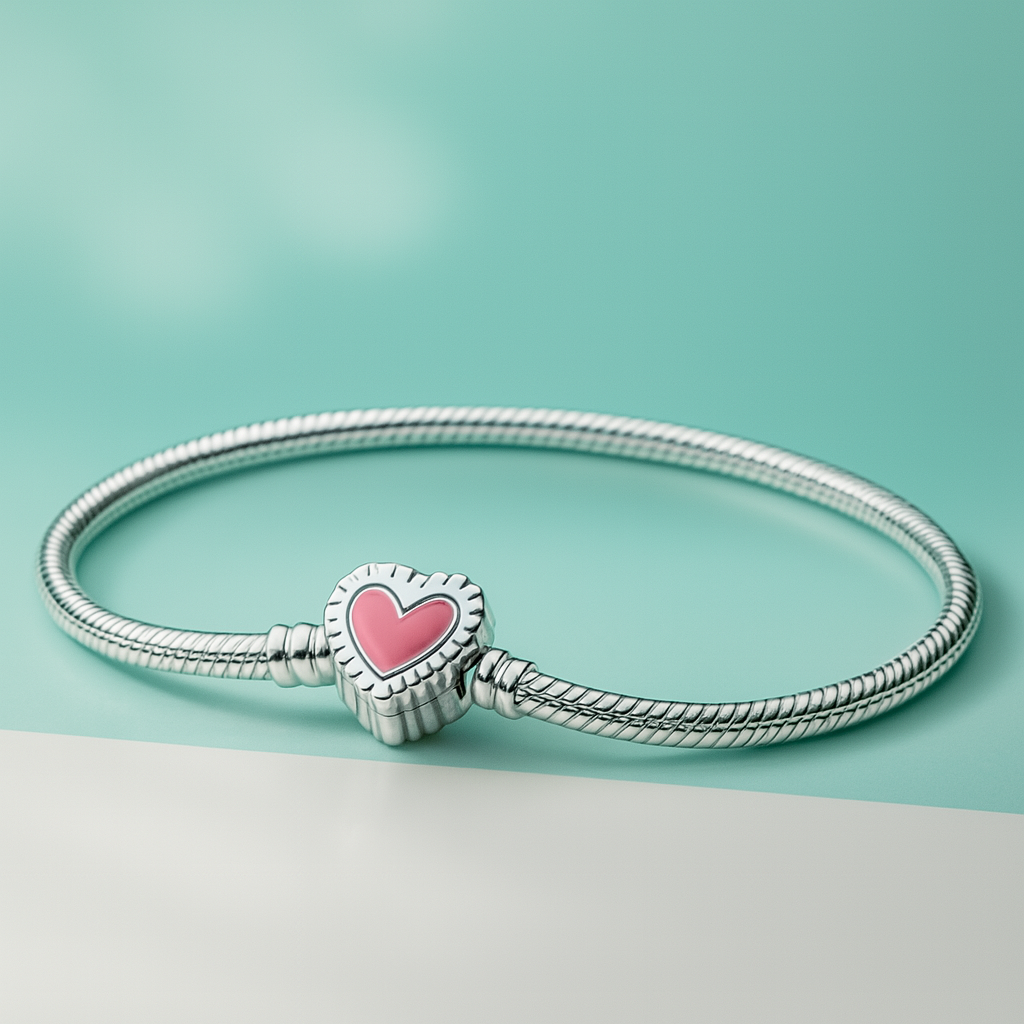 Pulseira berloque em prata 925 com coração rosa radiante em fundo verde