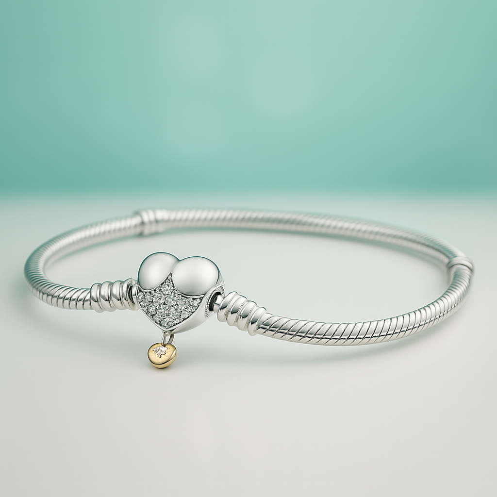 Pulseira berloque de prata com pingente de coração cravejado e pingente pequeno dourado