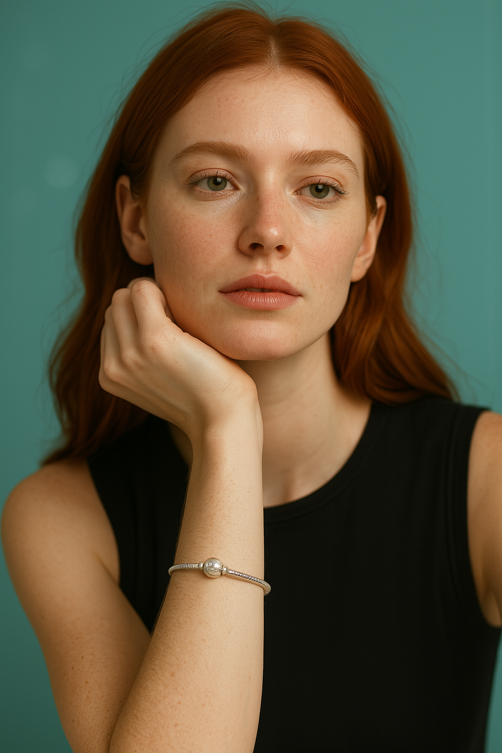 Mulher ruiva com pele clara usando pulseira prata 925 estilo berloque com símbolo Mickey em fundo azul