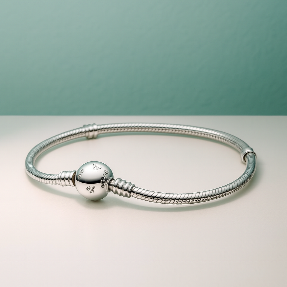 Pulseira berloque em prata 925 com fecho redondo gravado, sobre superfície clara